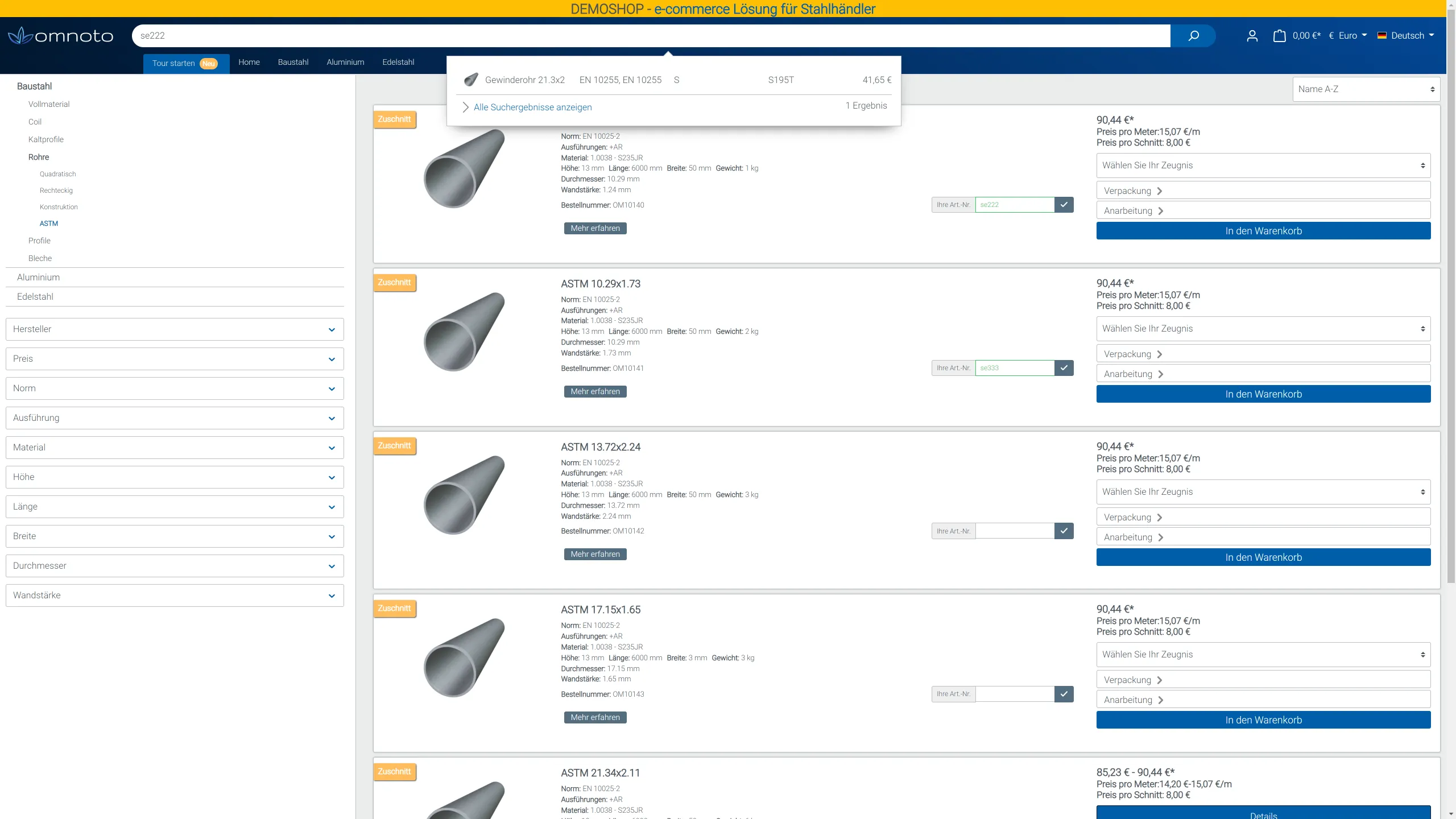 Kundenartikelnummer Listing